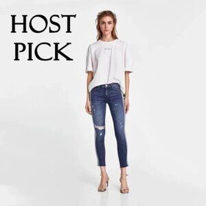 NWOT Zara blue mid-rise skinny denim jeans with sparkly racer stripe detail, 10